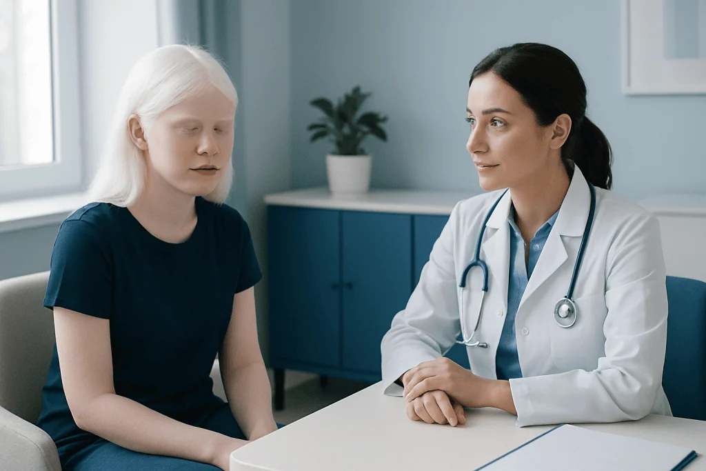 Doctor consulting with a young patient in a medical office.