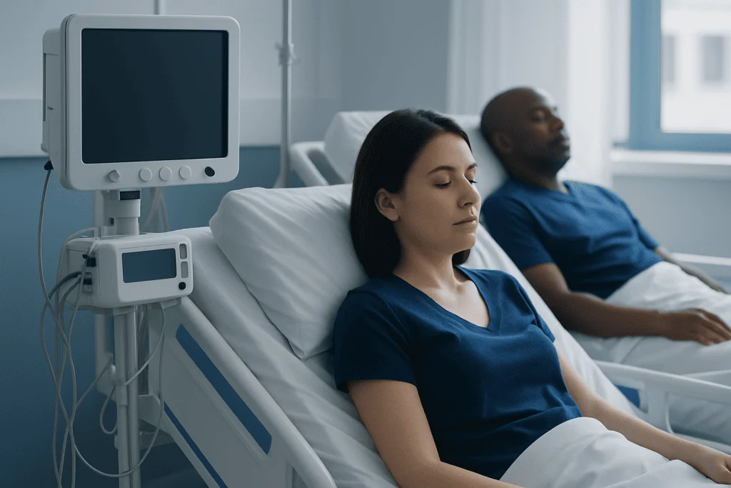 Patients resting in hospital beds in a medical facility.
