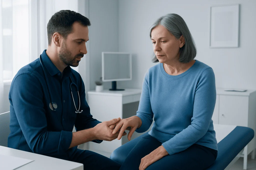 Doctor examining elderly woman's hand in a medical consultation room.
