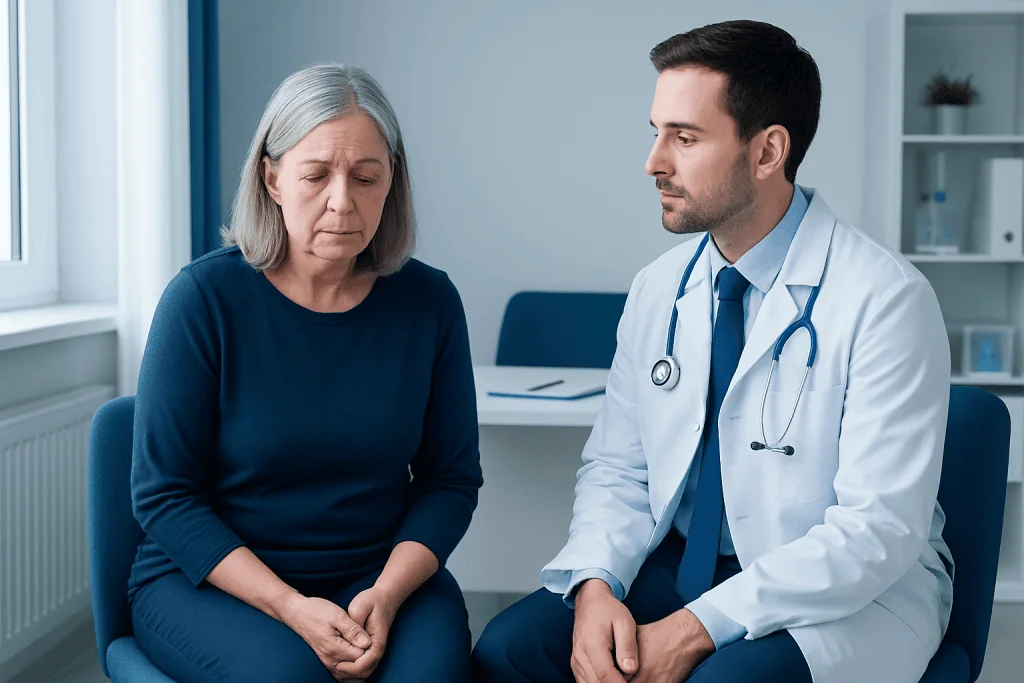 Doctor consulting with an elderly woman about stress incontinence.