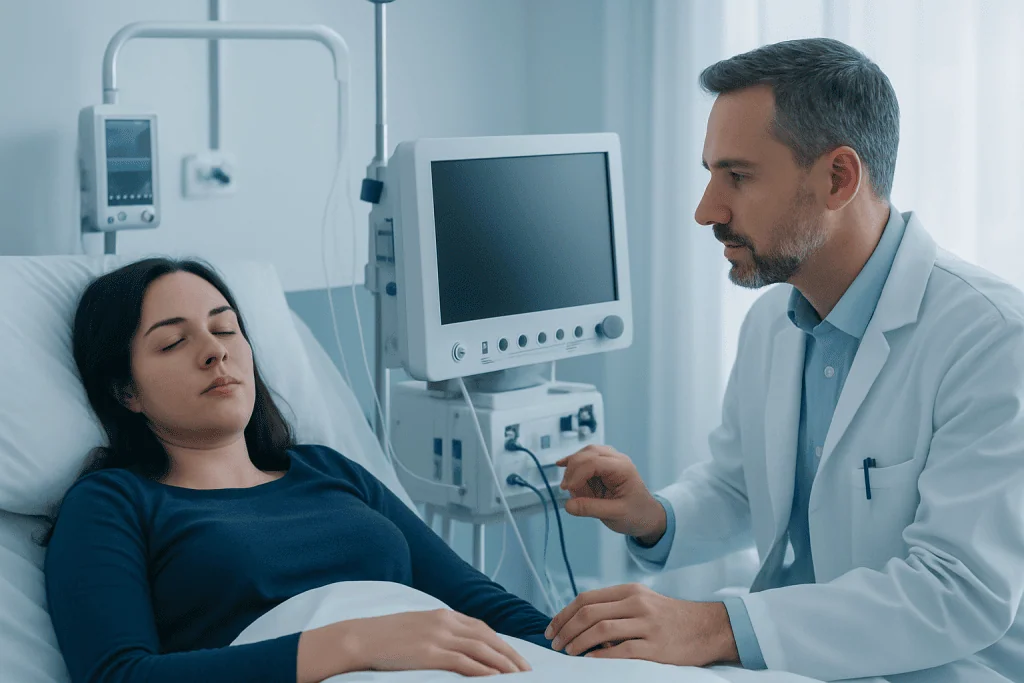 Doctor examining a patient in a hospital bed with medical equipment nearby.
