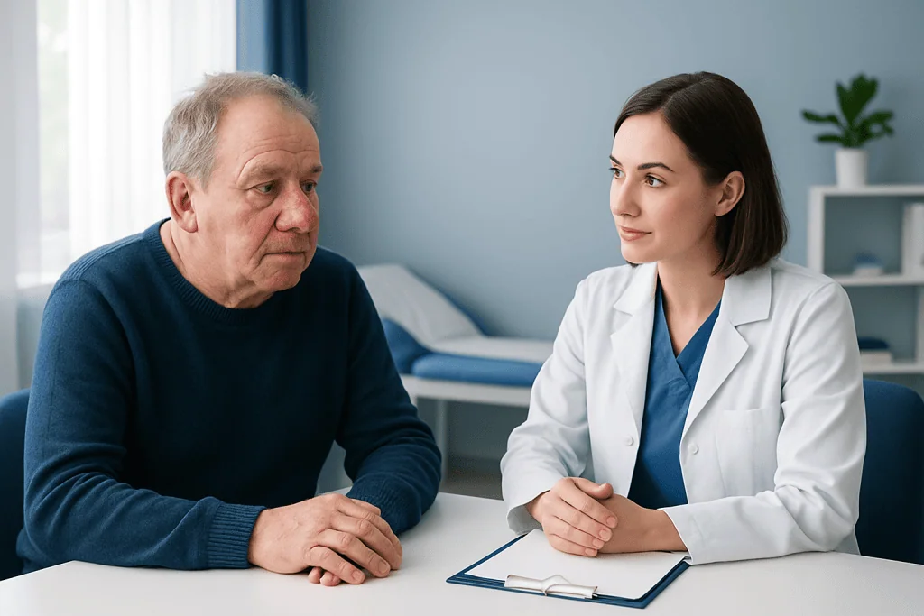Doctor consulting with an elderly male patient in a medical office.