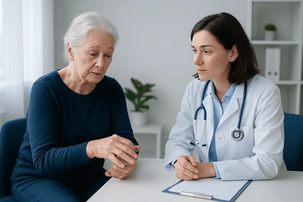 Doctor consulting elderly woman about hand health in clinic setting.