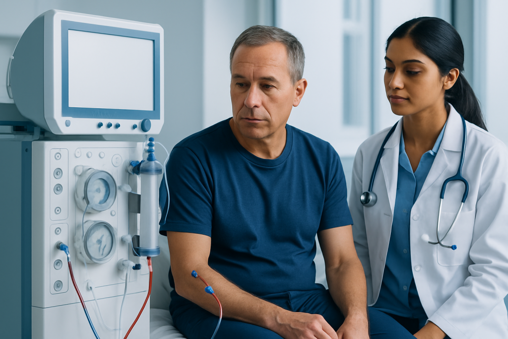 Patient undergoing dialysis treatment at Acibadem Hospital with medical staff.