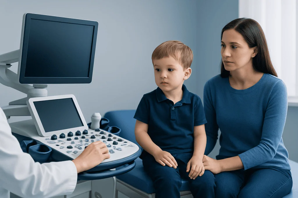 Child and mother during a pediatric neurological assessment at a hospital.