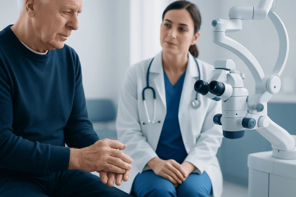 Doctor examining elderly patient's hand in a medical clinic setting.