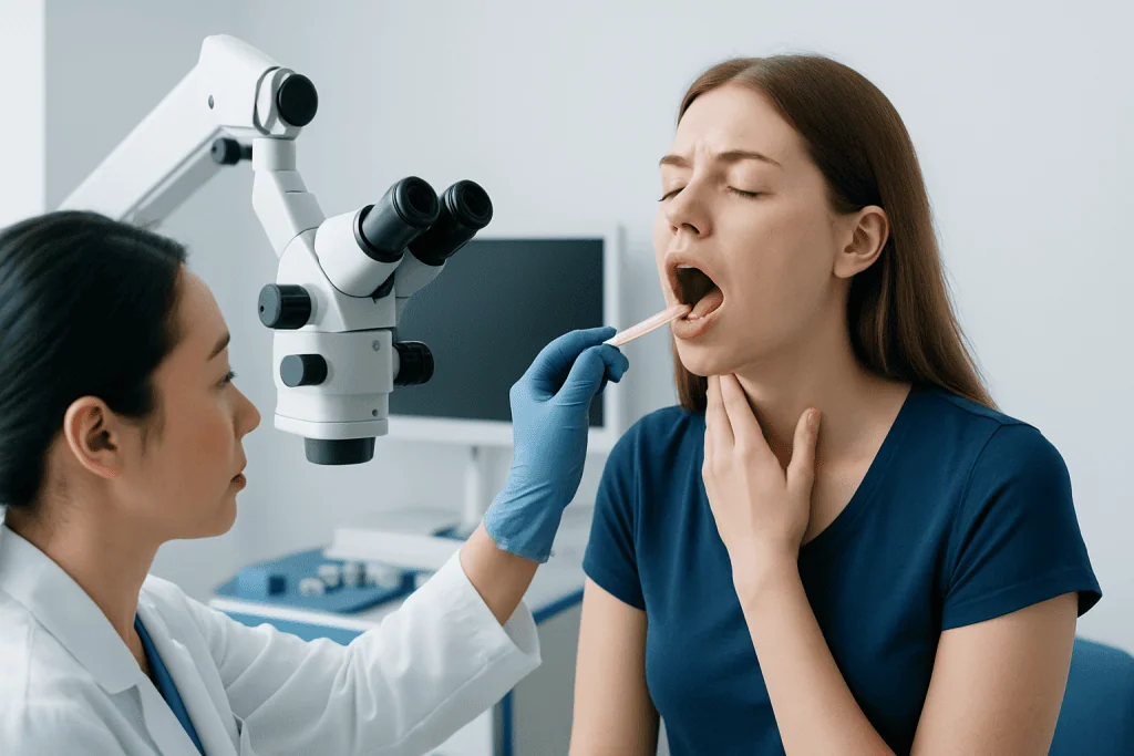 Doctor examines patient's throat using a microscope in a clinical setting.