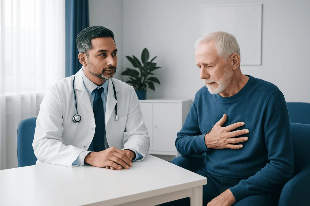 Doctor consulting with an elderly male patient about health concerns.