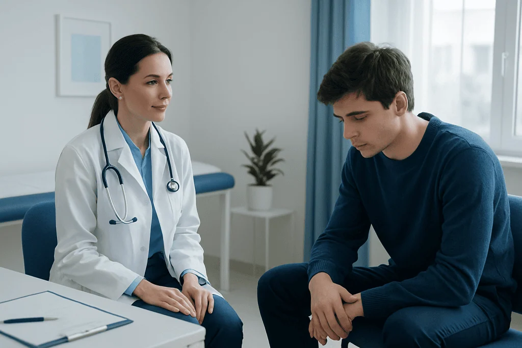 Doctor consulting with a young male patient in a medical office.