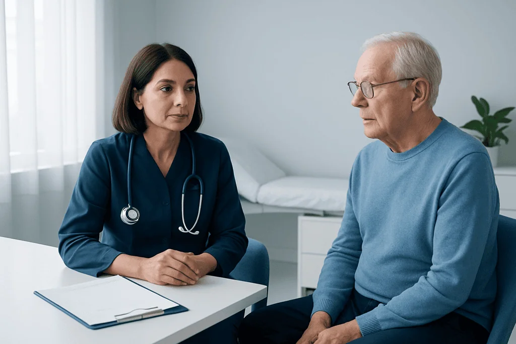 Doctor consulting with elderly patient in a medical office.