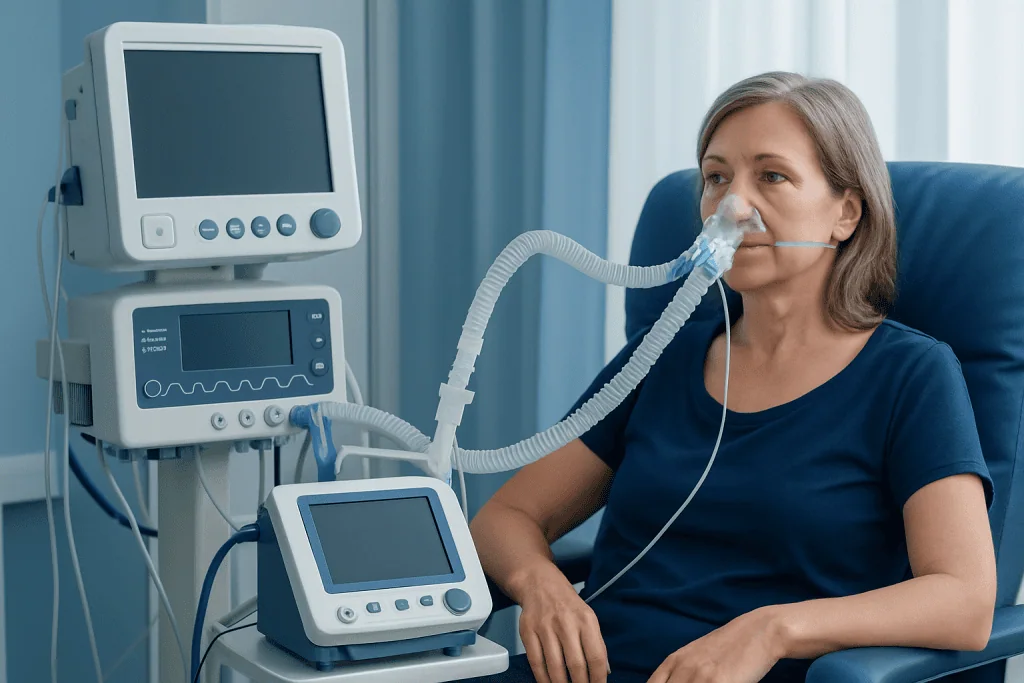 Woman receiving oxygen therapy in hospital setting.