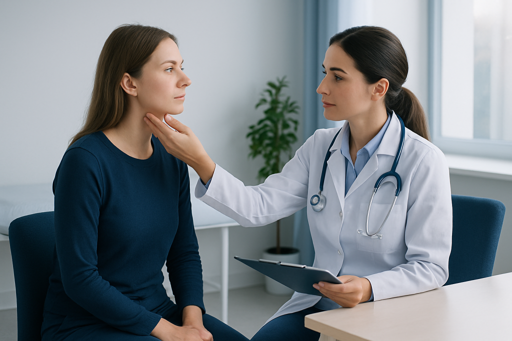 Doctor examining a patient's neck for lymph node swelling.