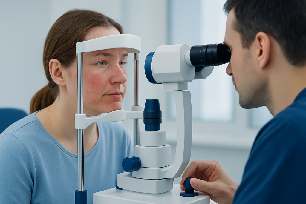 Ophthalmologist examining a woman's eyes with a slit lamp in a clinical setting.