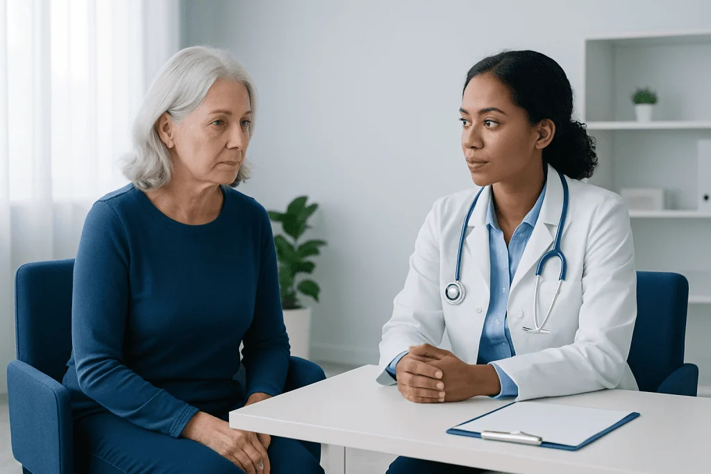 Doctor consulting with an elderly female patient in a medical office.