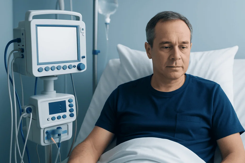 Patient in hospital bed with medical monitors in the background.