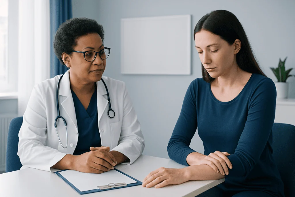 Doctor consulting with a patient in a medical office setting.