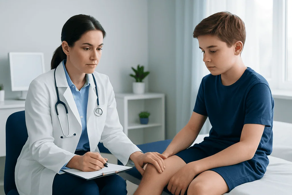 Doctor examining a young boy's knee in a medical consultation room.