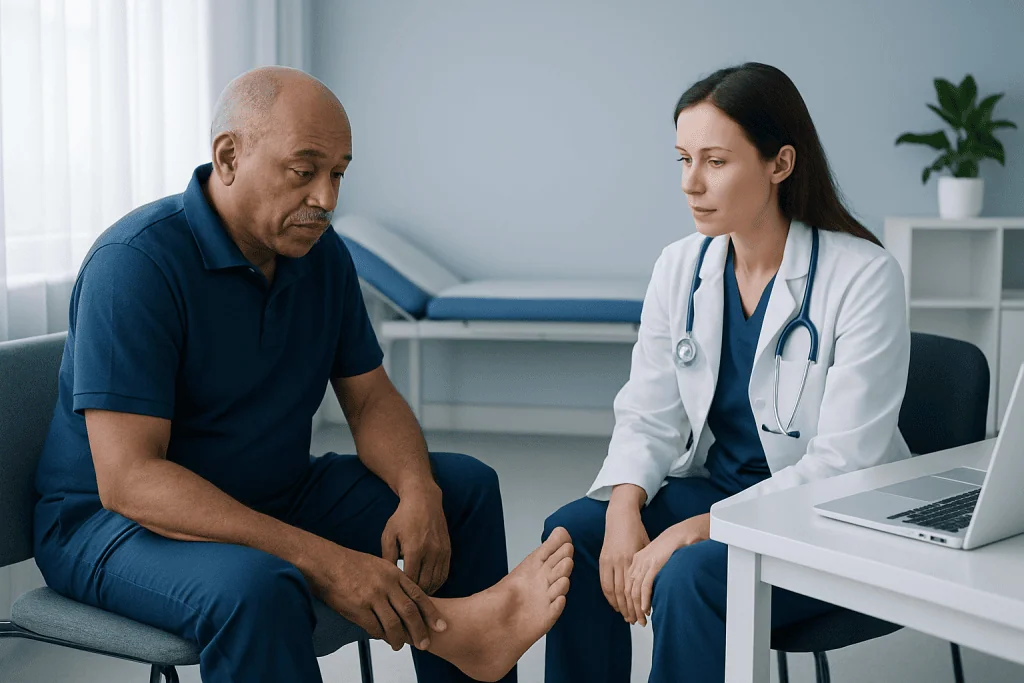 Doctor examining patient's foot in a medical consultation room.