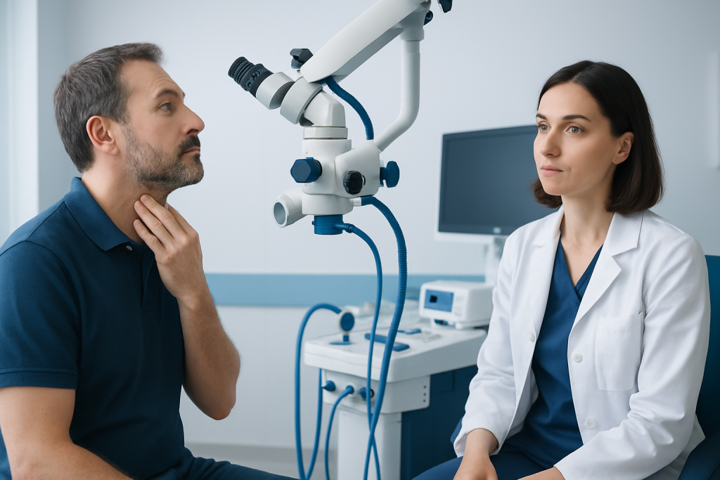 Doctor examines patient using a medical microscope in a clinical setting.