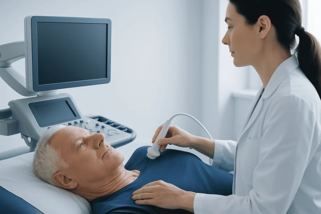 Doctor performing an ultrasound scan on an elderly male patient in a hospital.