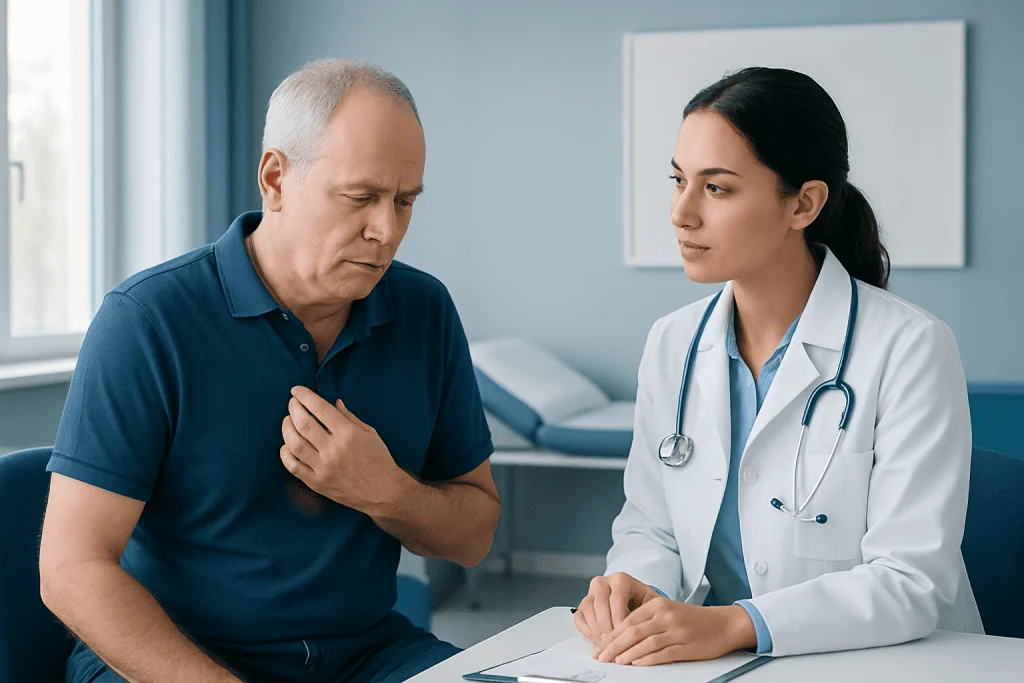 Doctor consulting with middle-aged man about shingles symptoms in clinic.