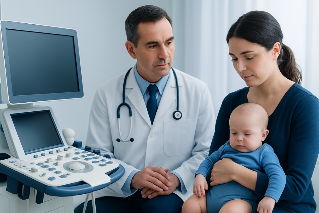 Pediatric consultation with a doctor and mother in a hospital setting.