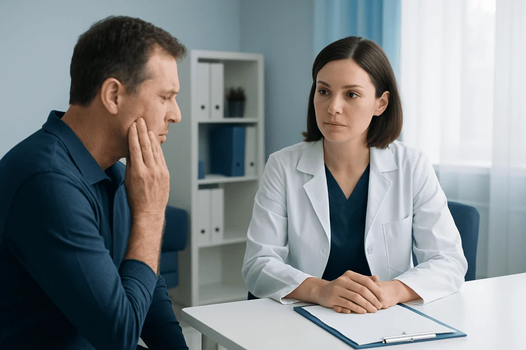 Dentist consulting with patient about dental health in clinic.