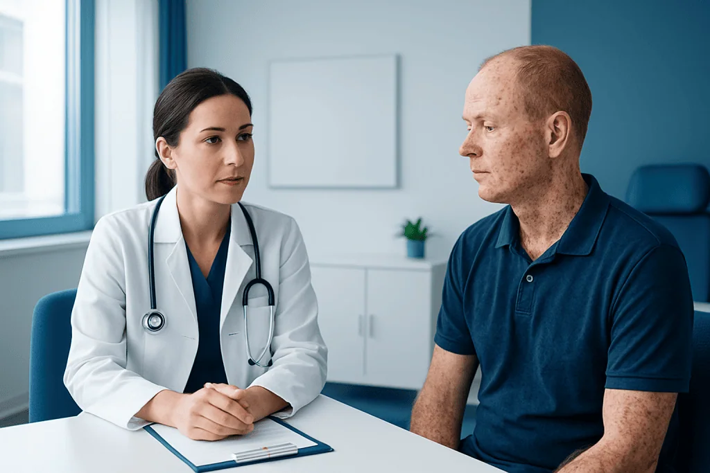 Doctor consulting with an elderly male patient in a medical office.