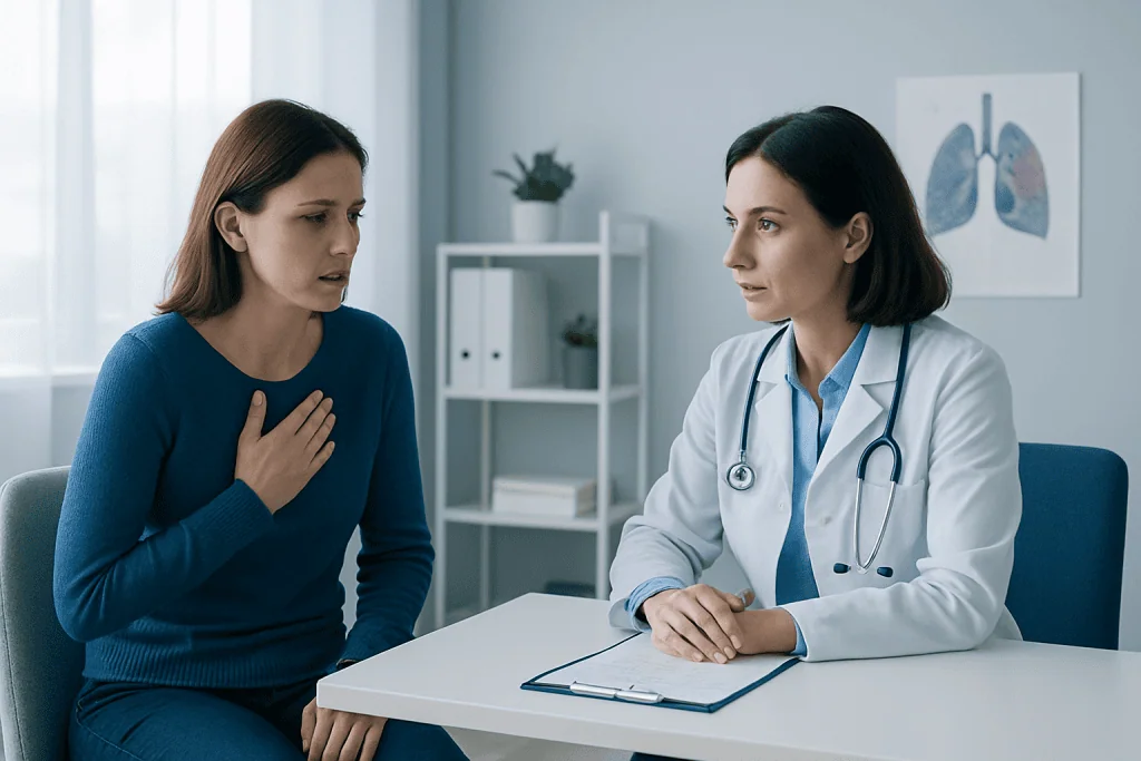 Doctor consulting with patient about respiratory health in clinic.