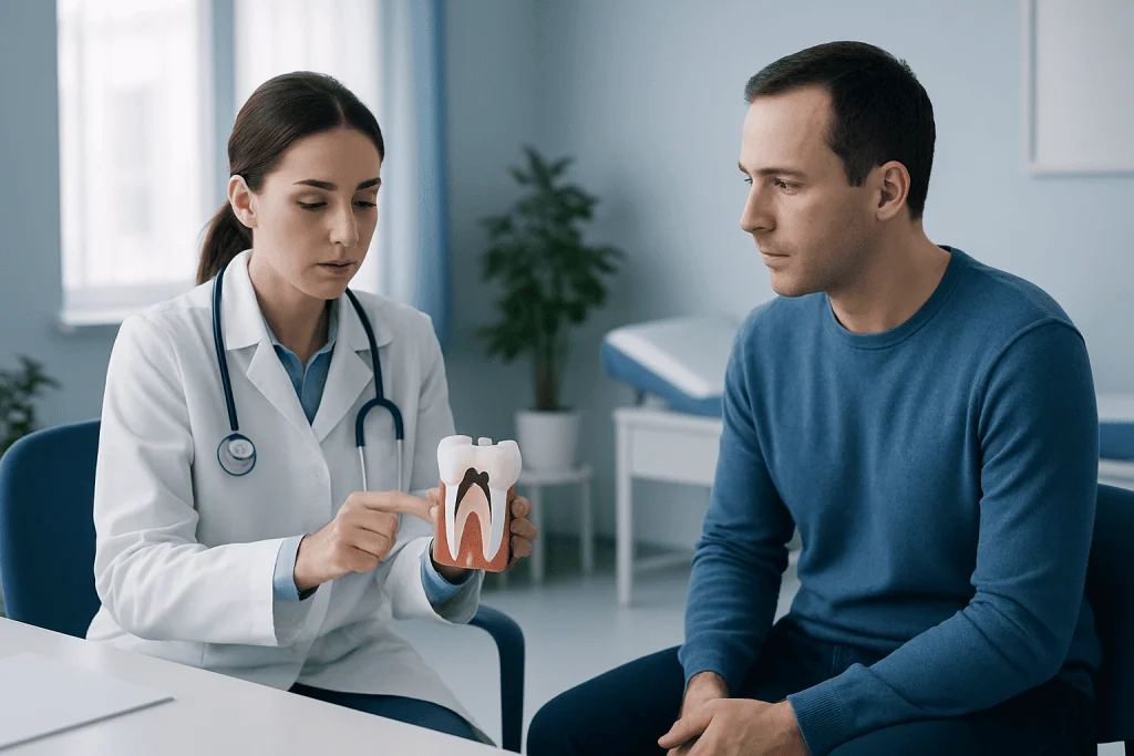 Dentist explaining tooth anatomy to patient in a clinic setting.