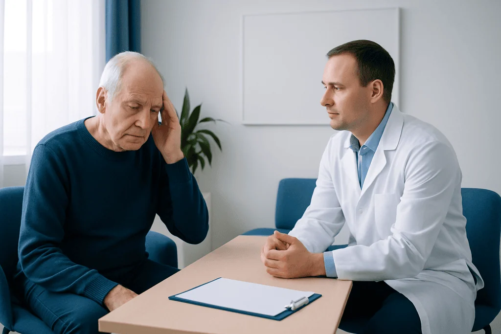 Doctor consulting with elderly patient about neurological health.