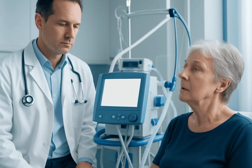 Doctor consulting elderly patient in hospital room with medical equipment.
