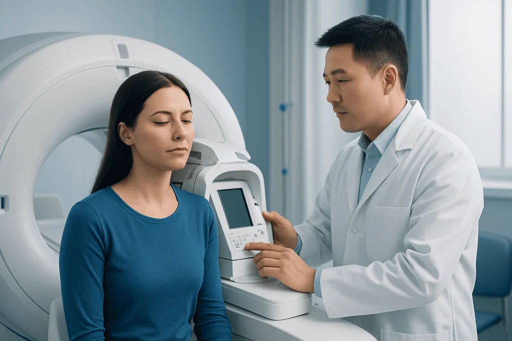 Medical professional conducts MRI scan on female patient in hospital.