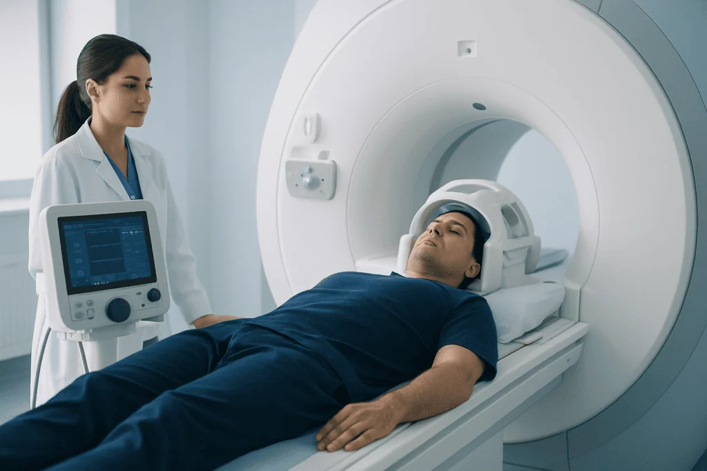 Patient undergoing MRI scan at Acibadem Hospital.