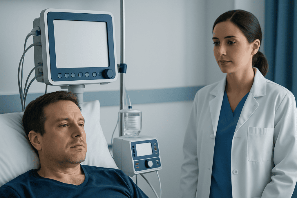 Hospital room with patient and nurse, medical equipment in background.