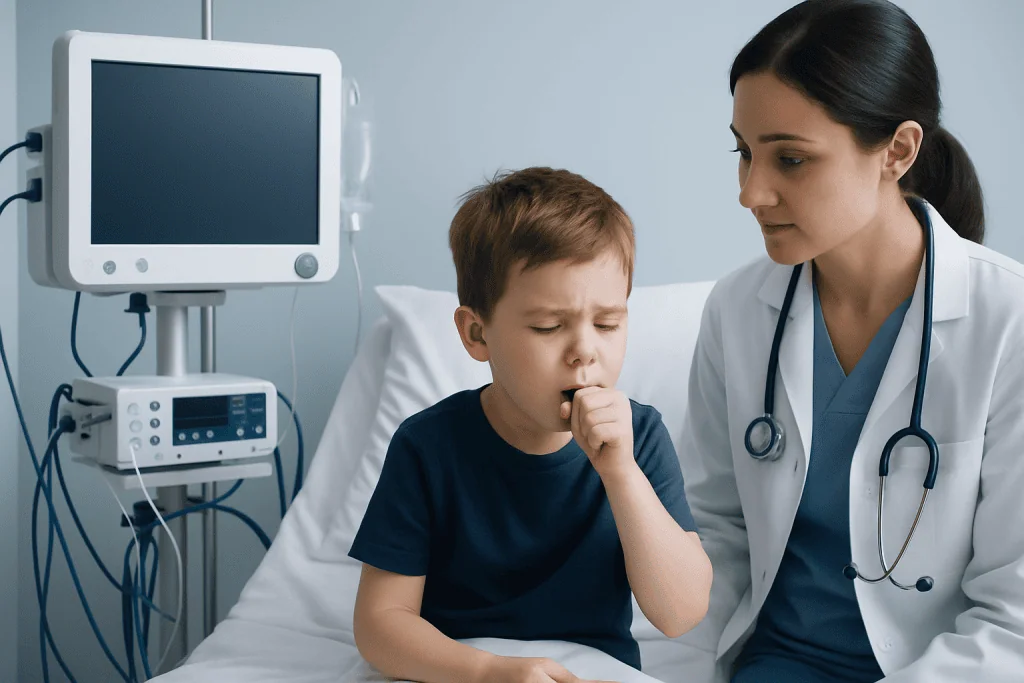 Whooping Cough in Children: How to Recognize It and Why Early Diagnosis Matters 1 Child with cough at hospital visit with doctor in clinical setting.