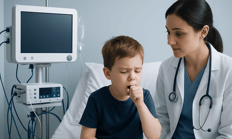 Child with cough at hospital visit with doctor in clinical setting.