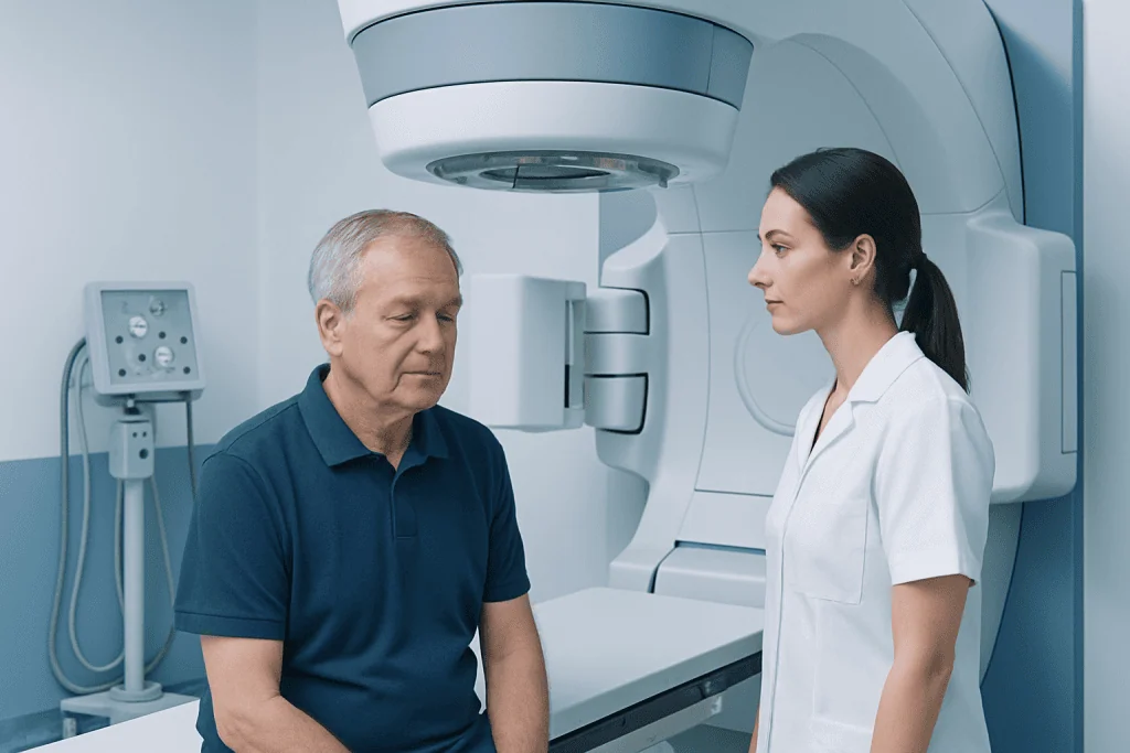 Medical consultation with a patient and healthcare professional in a hospital setting.