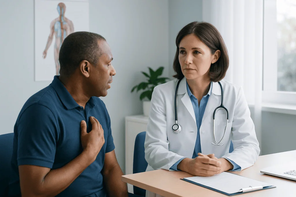 Doctor consulting with patient about vasoconstriction and blood flow.