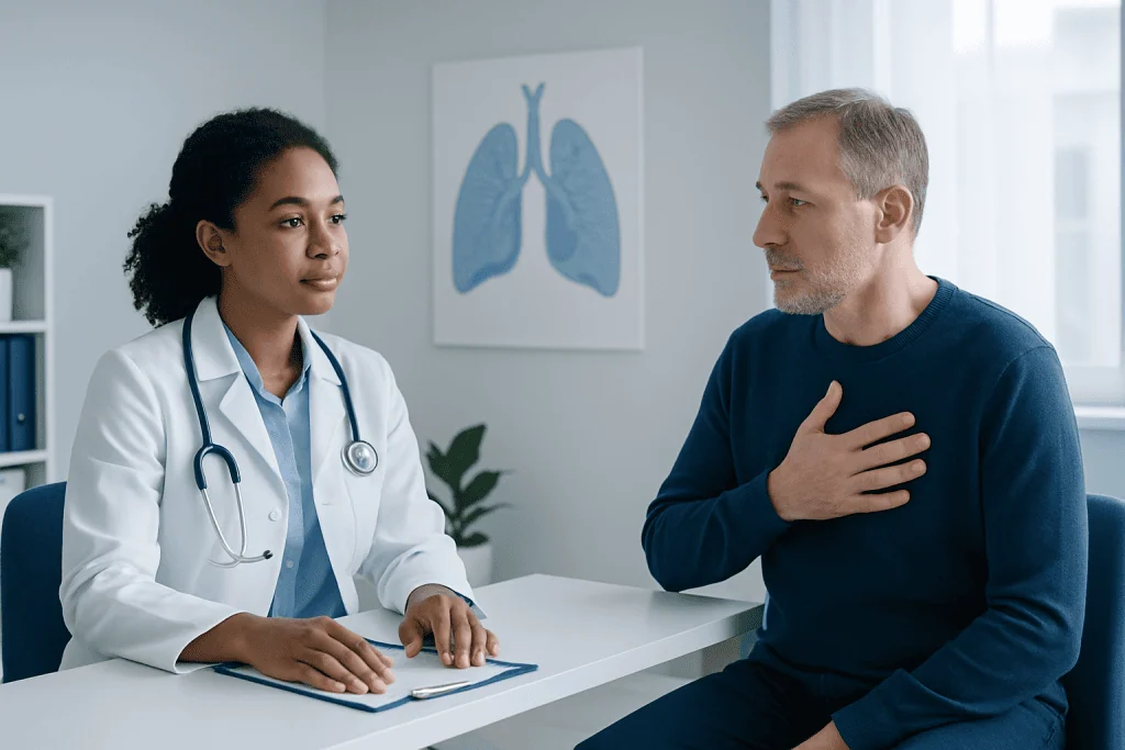 Doctor consulting with patient about lung health in a medical office.