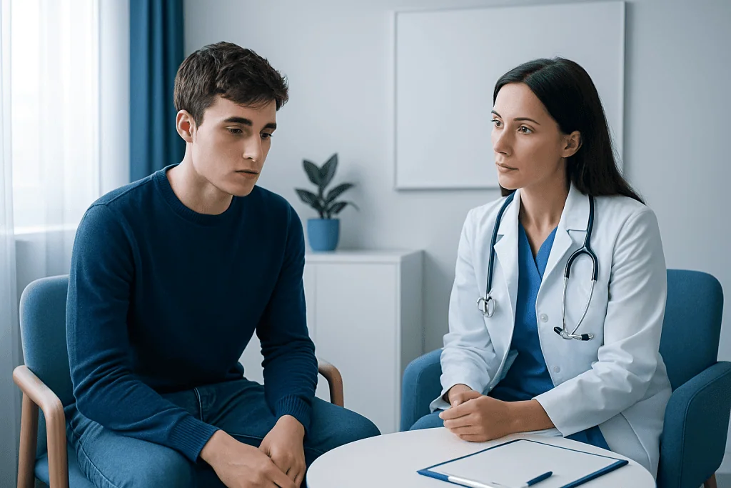 Young male patient consulting with a female doctor in a medical office.