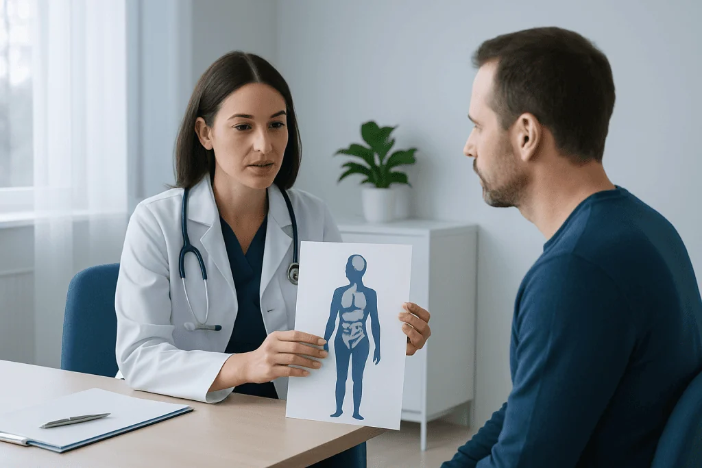 Doctor explaining human body diagram to patient in consultation room.