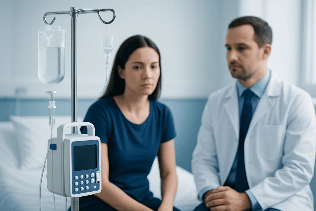 Doctor consulting with patient in hospital room with IV drip.