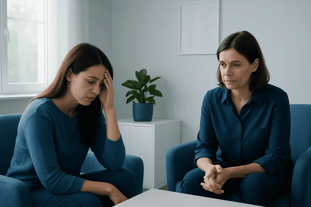 Woman distressed during therapy session with counselor in a clinical setting.