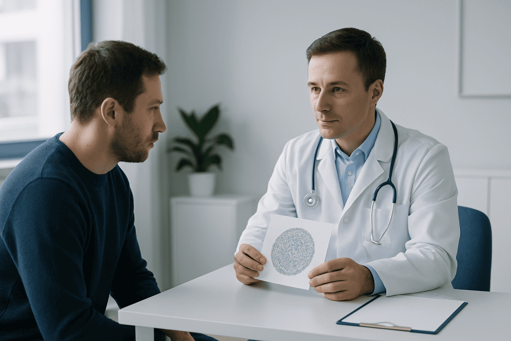Doctor explaining color vision test to patient in clinic setting.