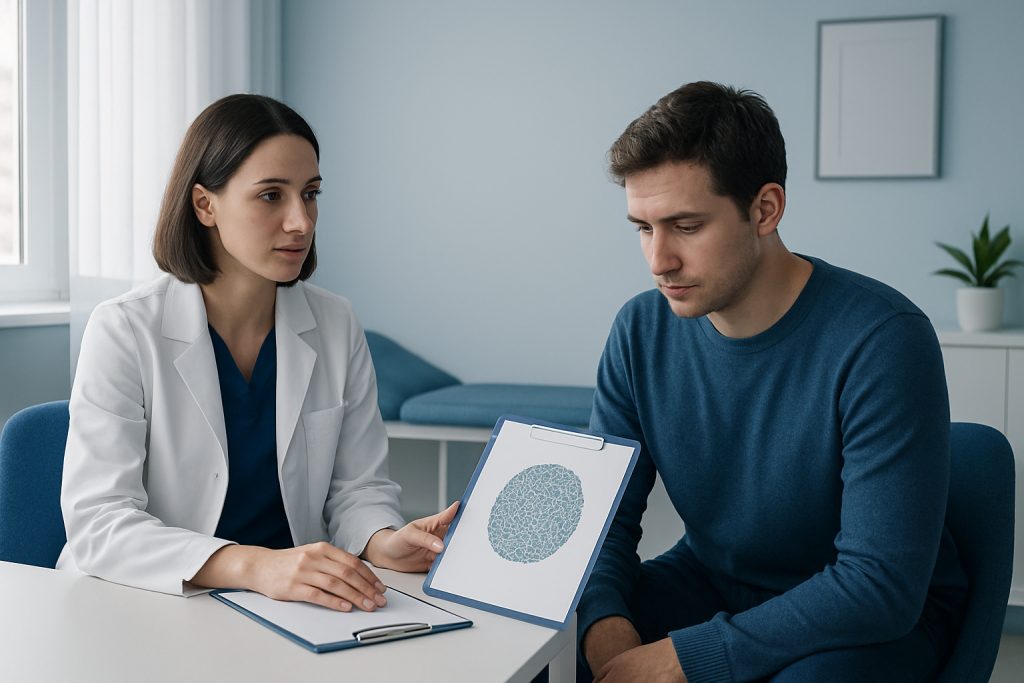 Doctor explaining deuteranomaly to patient in a consultation room.