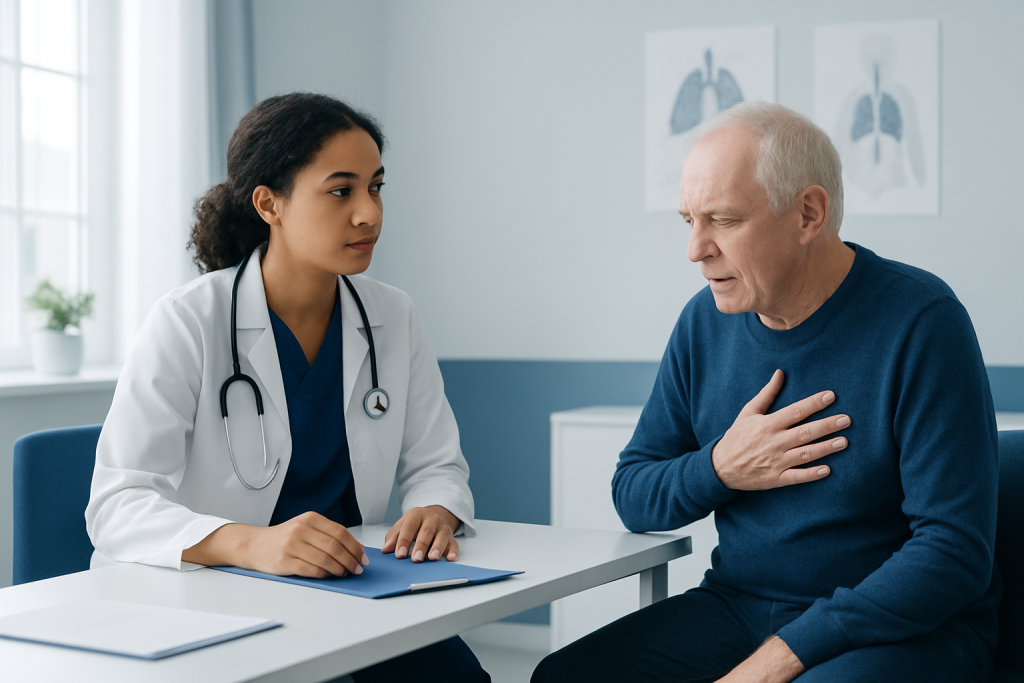 Doctor consulting with an elderly patient about respiratory health.