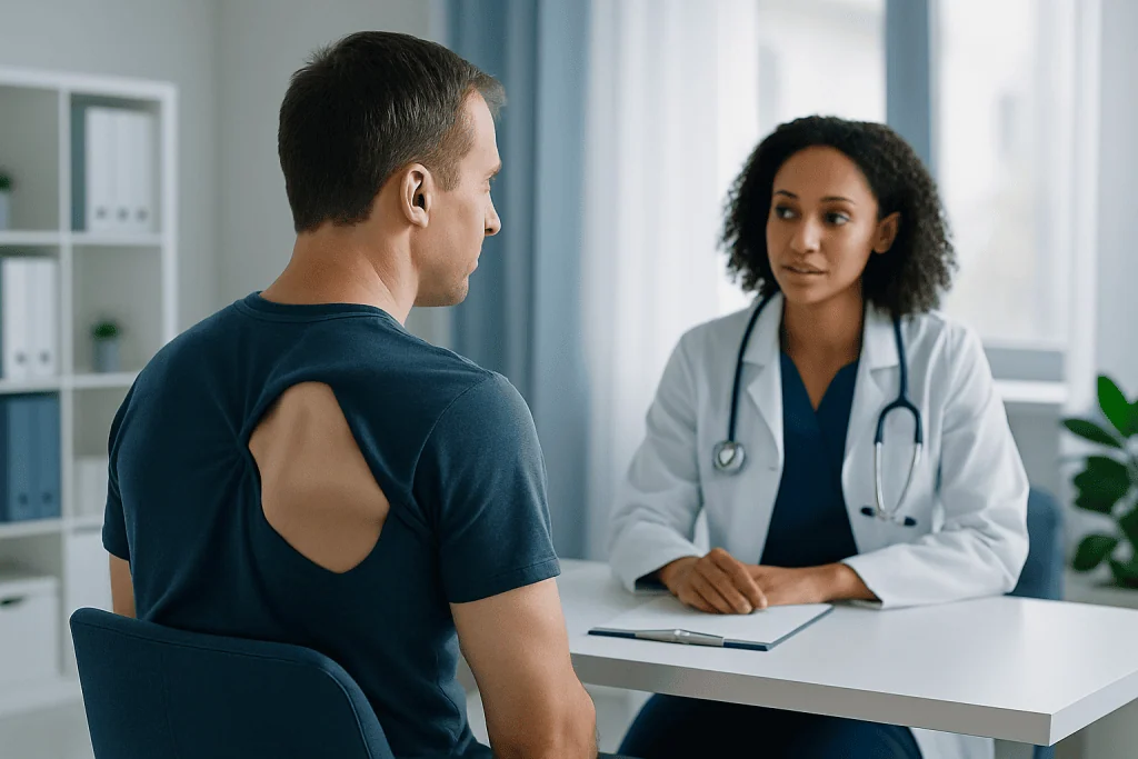Doctor consulting with patient about winged scapula symptoms.