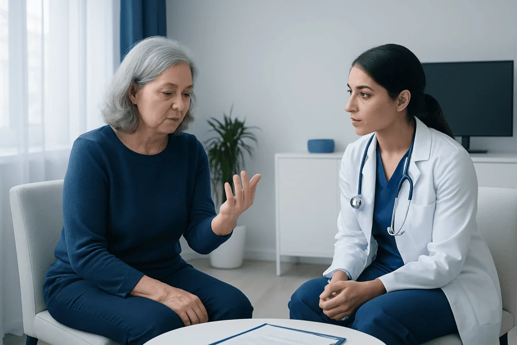 Doctor consulting with an elderly woman in a medical office.