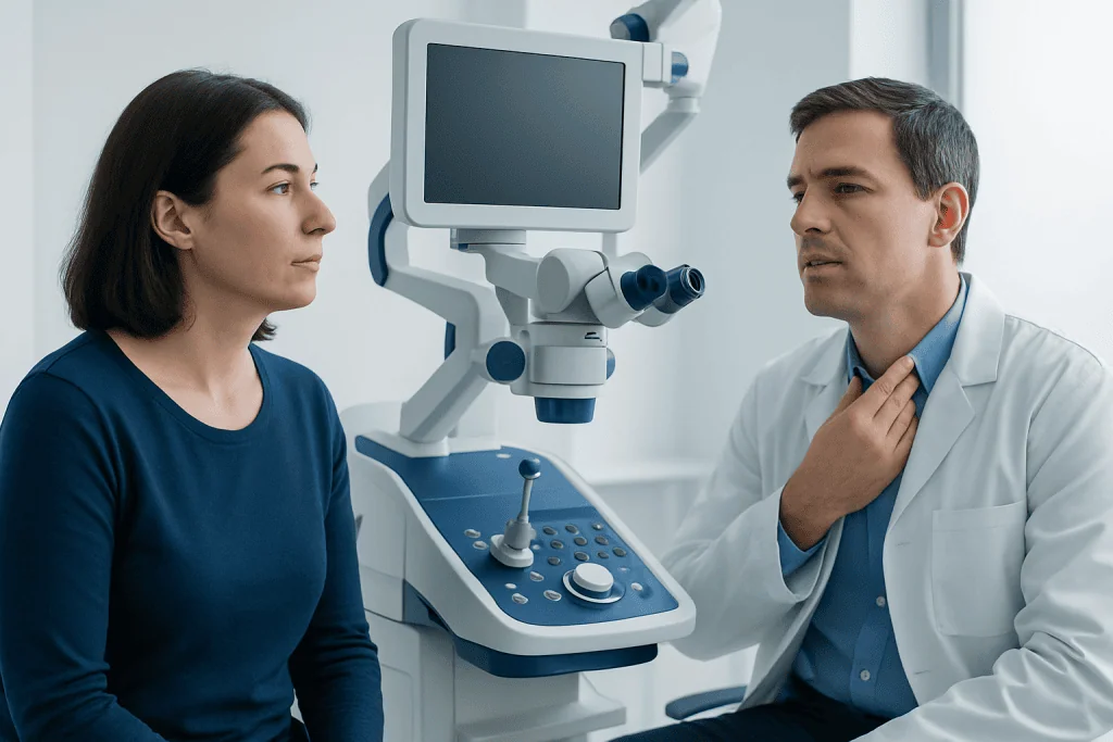 Doctor explaining tongue tie diagnosis to patient in a medical clinic.